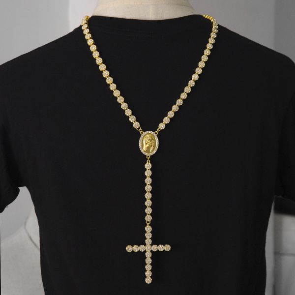 Collane lunghe con ciondolo da uomo di lusso Collana in oro argento con strass ghiacciati Volto di Gesù con collana con pendente a croce grande Rosario Gioielli punk