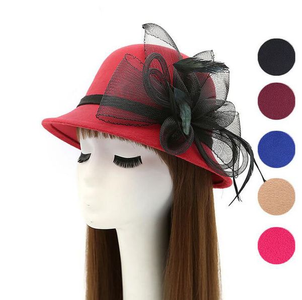 

autumn and winter british temperament large yarn gauze feather flower hat women imitation wool dome pot hat ceremony cap wmb056, Blue;gray