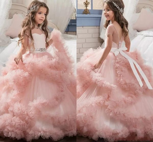 Designer exclusivo blush rosa flor meninas vestidos 2017 vestidos de baile em cascata babados longos vestidos de concurso para menina mc1290320f