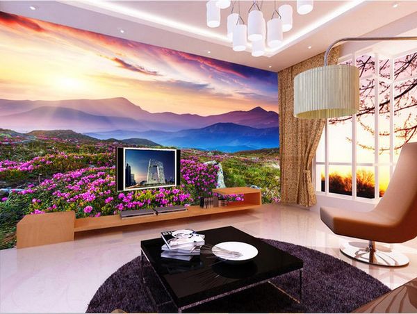 

classic 3d european style beautiful azalea flowers living room sofa tv wall