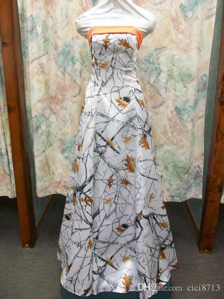 

in stock camo prom dresses 2018 strapless long formal gown satin white snowfall true timber evening gown with hunter orange lace-up, Red