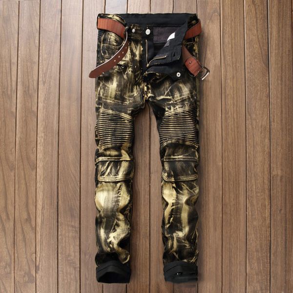 

wholesale- brand fashion new men's gold silver coated fabric denim biker jeans slim skinny motorcycle pants pleated long trousers for, Blue