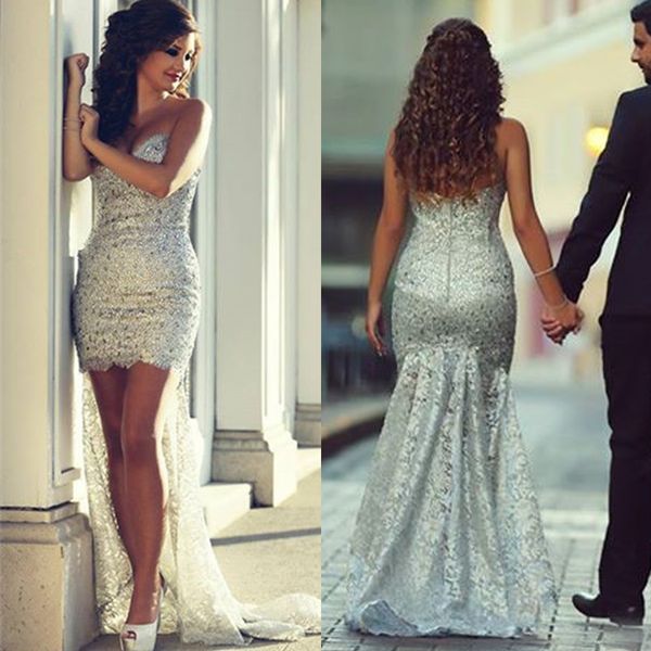 

appliques sweetheart amazing lace hi-lo sheath prom dress silver lace with beading evening dress vestido para formatura, Black