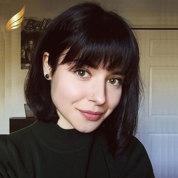

short bob with bangs virgin hair wig straight natural black cut human hair full lace front wigs 130% 150% 8"10" bellahair