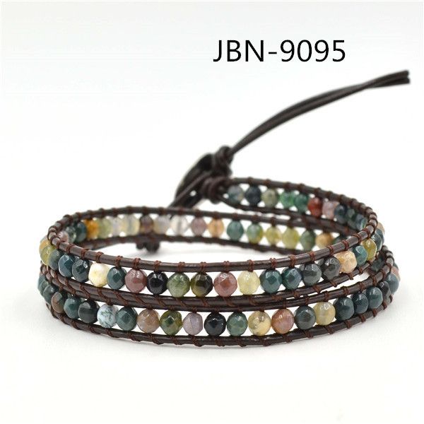 

wholesale-charm bracelet 2 wrap bracelet natural india agate beads leather handmade men jewelry pulseras jbn-9095, Golden;silver