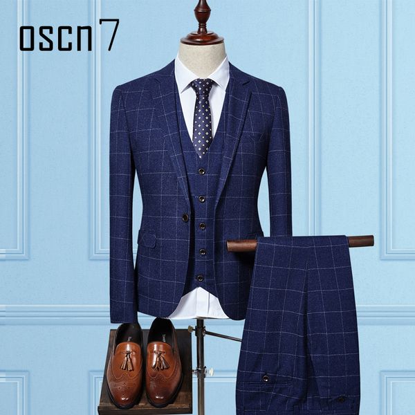

wholesale- oscn7 3 piece plaid suit men slim fit 2017 new fashion terno masculino wedding suits for men costume homme costume mariage homme, White;black