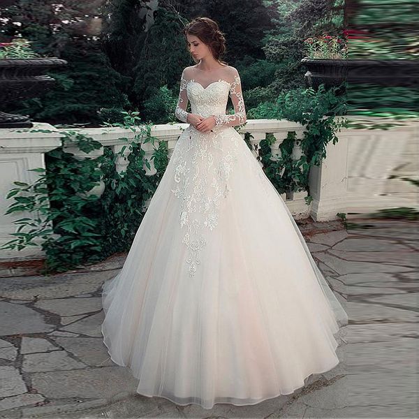 

glamorous tulle satin bateau neckline a-line wedding dresses with lace appliques long sleeves bridal dress vestido de noiva, White