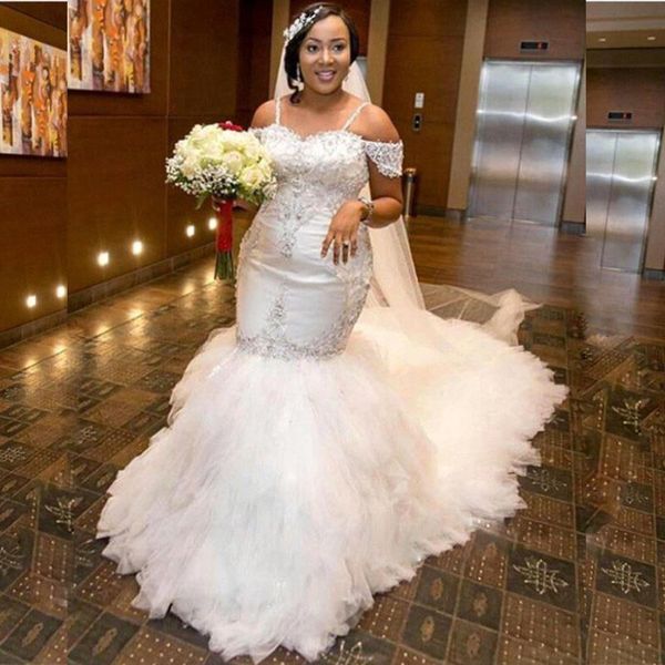 

plus size gorgeous bridal dress spaghetti sequins beaded applqiues short sleeeve wedding dress tulle mermaid court train wedding dress, White