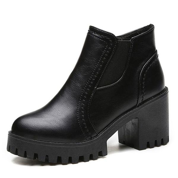 

2017 autumn round toe women ankle boots platform square heel ladies boots side zipper faux leather causal mature, Black