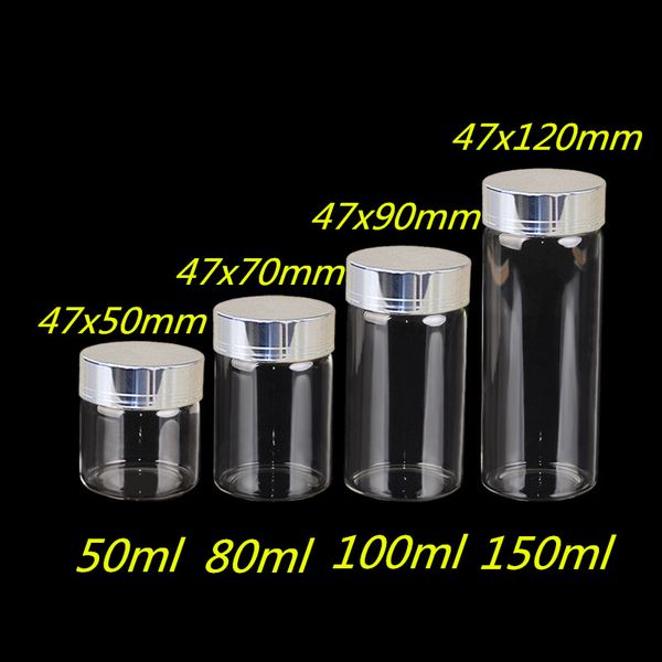 

wholesale- 50ml 80ml 100ml 150ml large glass bottles with silver screw caps empty spice bottles jars gift crafts vials 24pcs ing