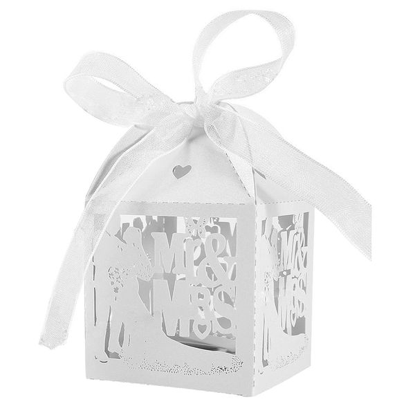 

wholesale-white 50pcs/lot mr & mrs wedding candy box sweets gift favor boxes with ribbon party event decoration supplies