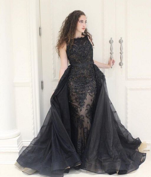 

real evening gowns floor length high neck beading lace appliques detachable train tulle black prom dresses arabic 2017, Black;red