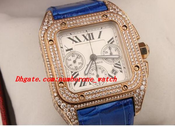 

new style men watch automatic movement push fashion black leather band mechanical rose gold diamond bezel analog hands luxury wristwatch, Slivery;brown