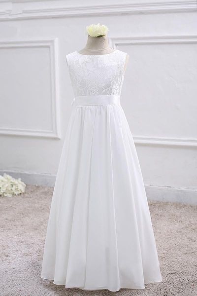 

bateau neck soft satin flower girl dress with lace embroidery 2019 floor length princess communion dress, White;blue
