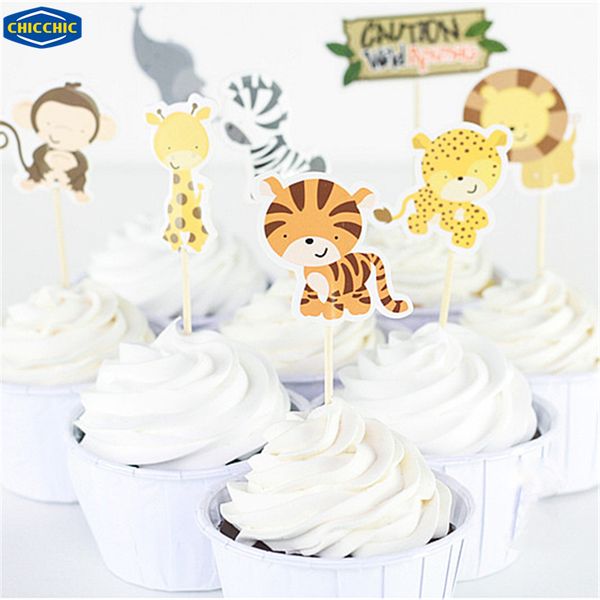 

wholesale- [chicchic] cartoon wild animal park 24pcs a set cupcake ers fruit picks cake flags baking decoration with toothpicks qh0030