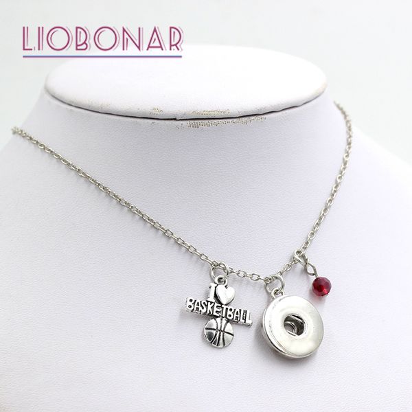 

wholesale personalized gift snap jewelry crystal bead birthstone charm sport i love basketball snap necklace fit 18mm button bijoux collar, Silver