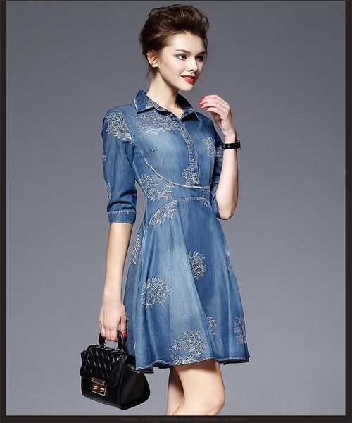 

2017 summer autumn women plus size half sleeve dress blue denim jeans embroidery dress for women ladies casual party dress, Black;gray