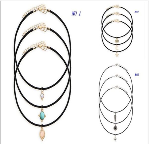 

3 designs mix women gifts 3pcs set new turquoise alloy sun moon star chokers necklaces hz, Golden;silver