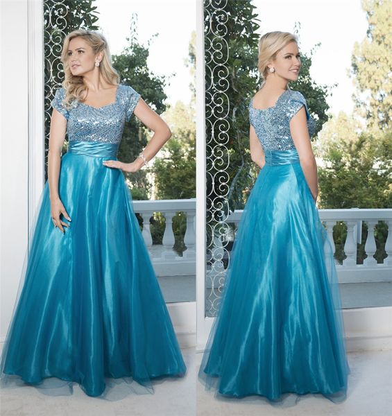 Azul Longo Modest Vestidos de Baile Cap Mangas Frisado Corpete A linha Até o Chão Adolescentes Brilhantes High School Formal Vestidos de Baile Barato