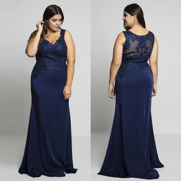 

navy blue plus size beaded evening dresses v-neck mermaid mother of the bride dress floor length long applique formal gowns, Black