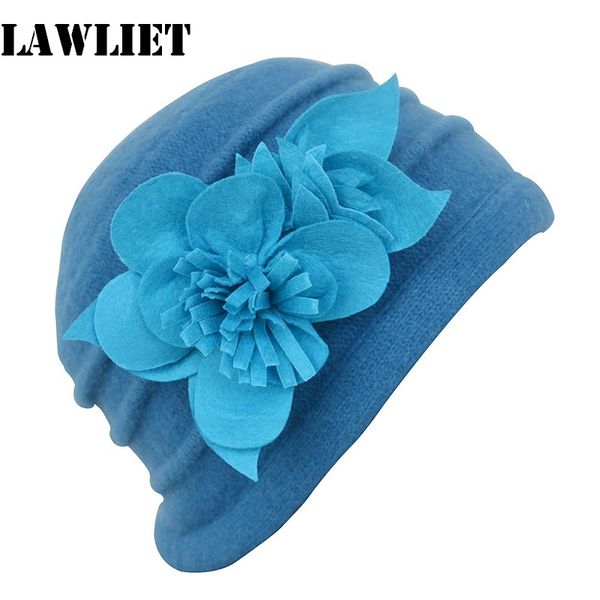 

wholesale-a123 blue winter felt flower trimmed womens warmer wool beanie cap dress crochet hat wholesale, Blue;gray
