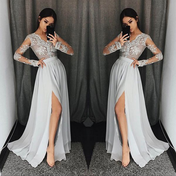 

Silver grey long leeve prom dre e long v neck applique lace formal party gown with high plit mode t evening dre