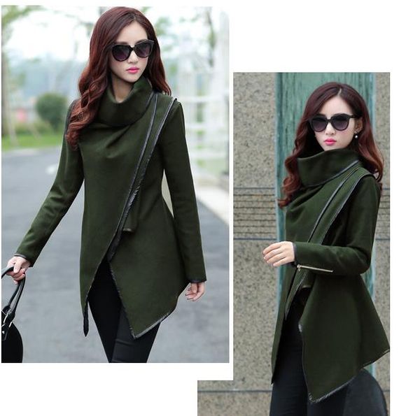 

women's coat asymmetric piping zipper pockets fashion slim wool trench winter coat color navy gray casacos femininos s-xxxl, Black