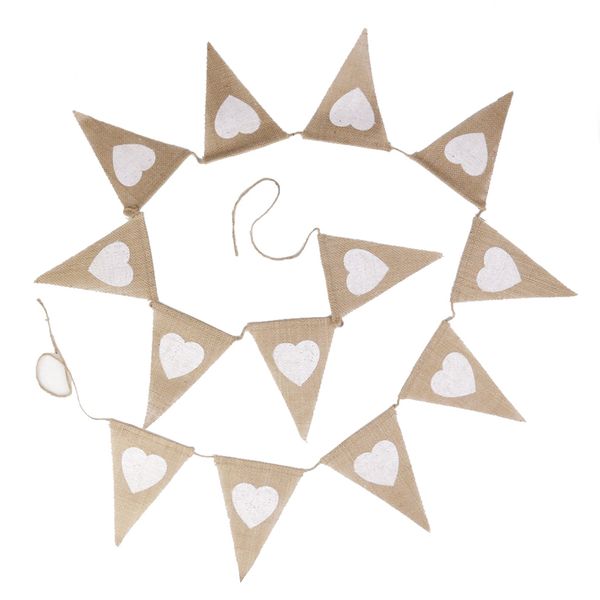 

wholesale- 13pcs white heart print hessian burlap flag banner wedding party decoration bunting