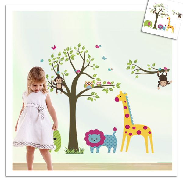

forest tree branch leaf animal cartoon owl monkey giraffe elephant wall stickers for kids rooms boys girls children bedroom home decor