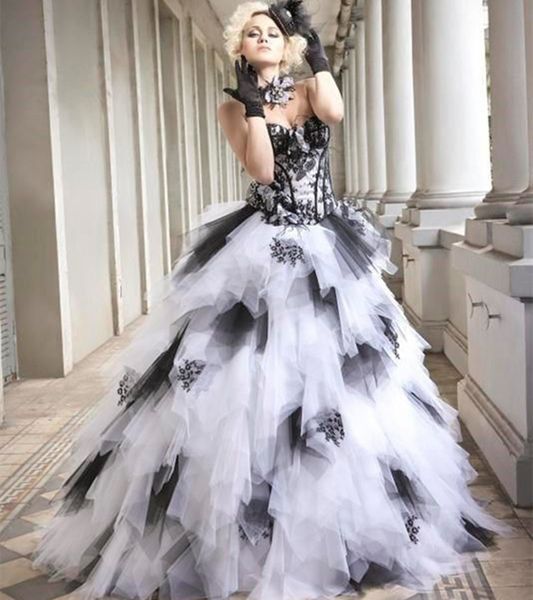 Novo preto e branco vestidos de casamento gótico vestido bola querida espartilho back babados tulle saia vestidos de casamento coloridos não branco feitos