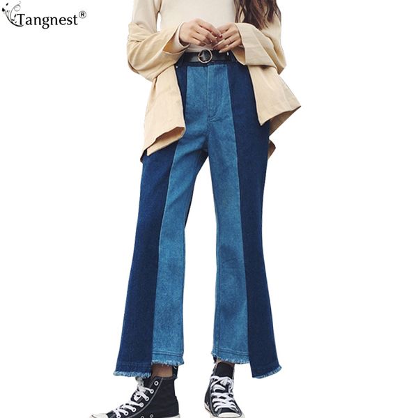 

wholesale- tangnest casual contrast spliced wide leg jeans 2017 fashion woman high waist denim blue pants vintage loose long trouser wkn462