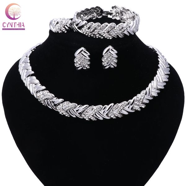 

wedding silver plated jewelry sets for women elegant rhinestone pendant necklace bangle ring wedding gift costume jewelry sets, Black