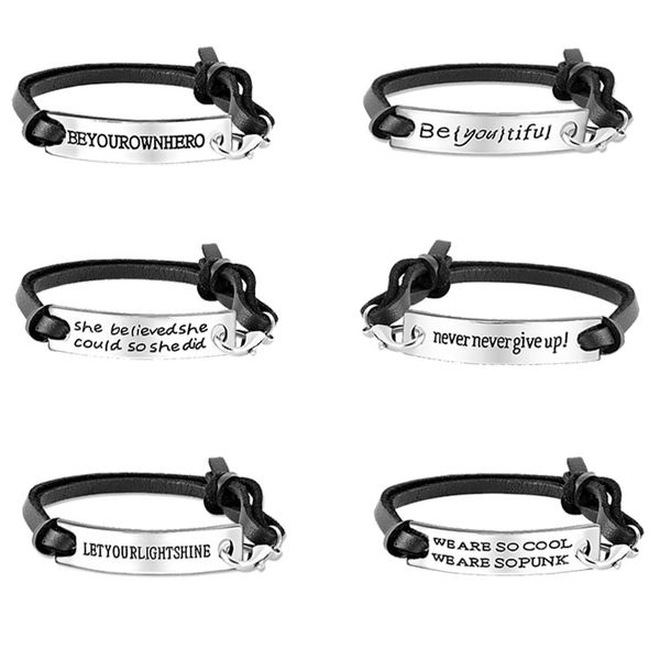 

6 style Inspirational word charms bracelets mens Black Leather braided Rope bracelet simple lettering bangle For women Fashion Jewelry Gifts