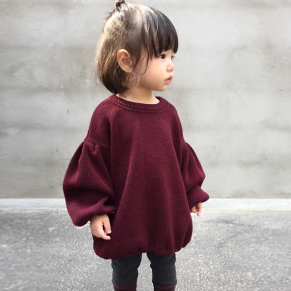 Solid Color Baby Sweater Coat Knitted Cotton Baby Girl Clothes Balloon Sleeve Loose Pullover Sweater Fashion Girl 17080705 Knitting Patterns For Kids