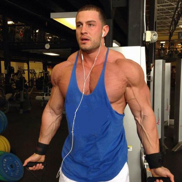 Wholesale- Fitness Bodybuilding Tops Men Weightlifting Tank Tops Solid Cotton Stringer Y Back Racer Vest Gyms Clothing Casual Clothes