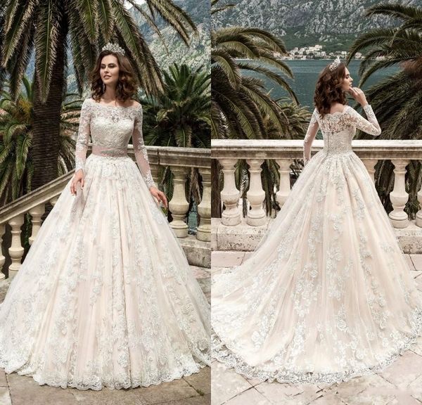 

2019 vintage stunning long sleeves lace wedding dresses vestidos de noiva princess ball gown floor length bridal gowns custom made, White