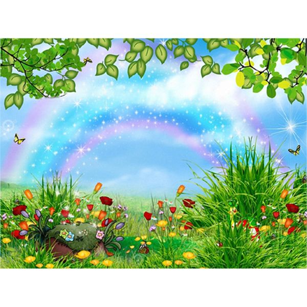 Wunderschöner Regenbogen-Fotografie-Hintergrund, Märchen-Hintergründe, bunte Blumen, grünes Gras, Frühlingslandschaft, Kinder, Baby, Neugeborene, Cartoon-Hintergrund