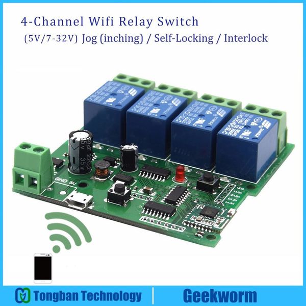 Бесплатная доставка IoT DC 5V / 7-32V 4-канальный WiFi переключатель / 3-модели 4-реле WIFI + 433 МГц пульт дистанционного управления универсальный модуль / Умный дом переключатель