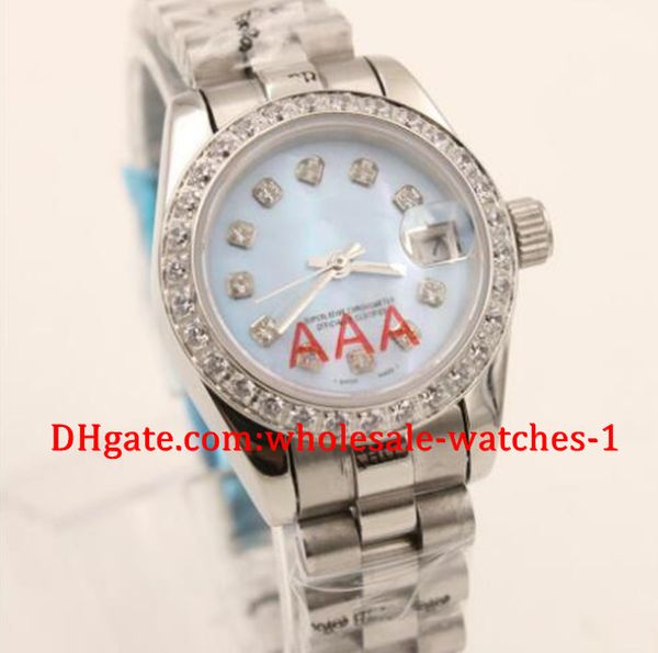 

seller wristwatch full stainless steel diamonds platinum belt light blue face mechanical watch women's watch, Slivery;brown