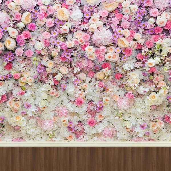 Digital gedruckte rosa Blumen weiße cremefarbene Rosen Wand Hochzeit Fotografie Kulissen Holzboden Kinder Kinder Fotostudio Hintergrund