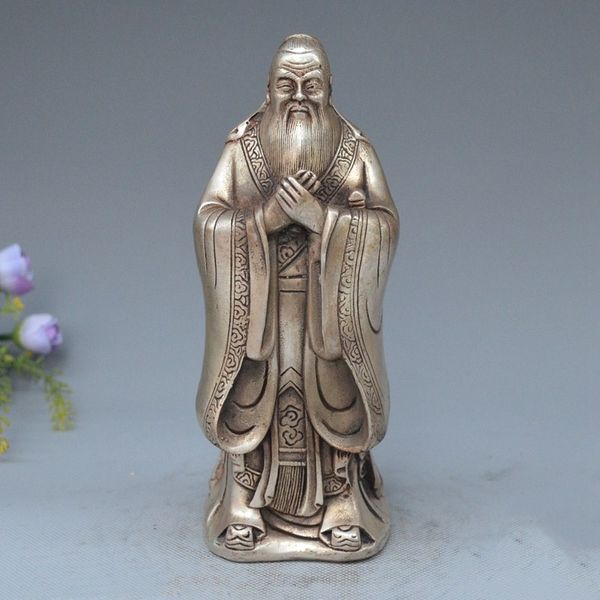 Chinois Argent Célèbre Philosophe Fondateur Le Confucianisme Lettrés KongZi Statue