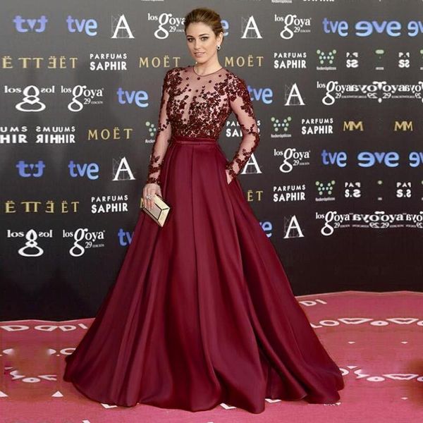 

великолепный zuhair мурад бордовый длинные вечерние платья 2017 sheer шеи видеть сквозь красный ковер фиолетовый пром платья партии халат де, Black;red