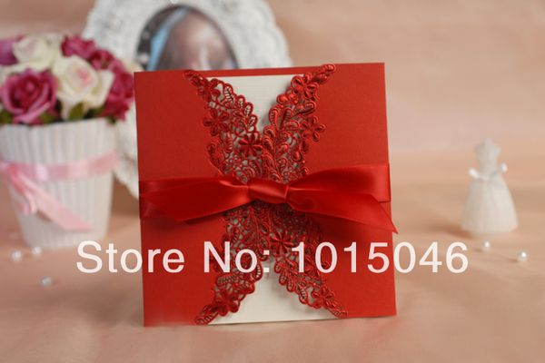 

wholesale- whole sale 50 x laser-cut/lace wedding invitations with ribbon red invitation card printable and customizable wedding gifts