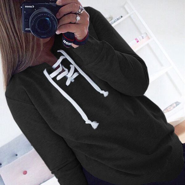 

wholesale- 2016 autumn winter chic lace up sweatshirt women ladies sweatshirt warm long sleeve pullovers girls knitted hoodies, Black