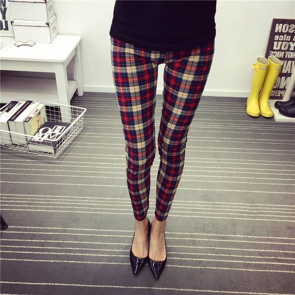 

wholesale- 2016 new fashion women casual autumn big elastic brushed plaid graffiti printed slim skinny leggings legins pants trousers, Black