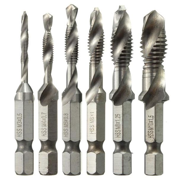 6pcs / set Mão Tap broca Hex Shank HSS Parafuso Espiral Ponto rosca métrica plug Perfurar Ferramentas Bits M3 M4 M5 M6 M8 M10 mão