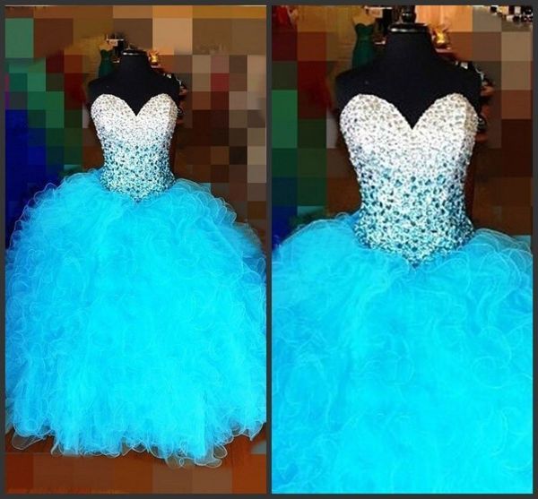 Venda quente branco vestido de baile azul quinceanera vestidos 2017 com cristais frisados ​​formal formal doce 16 pageant debutante vestido de festa bm71
