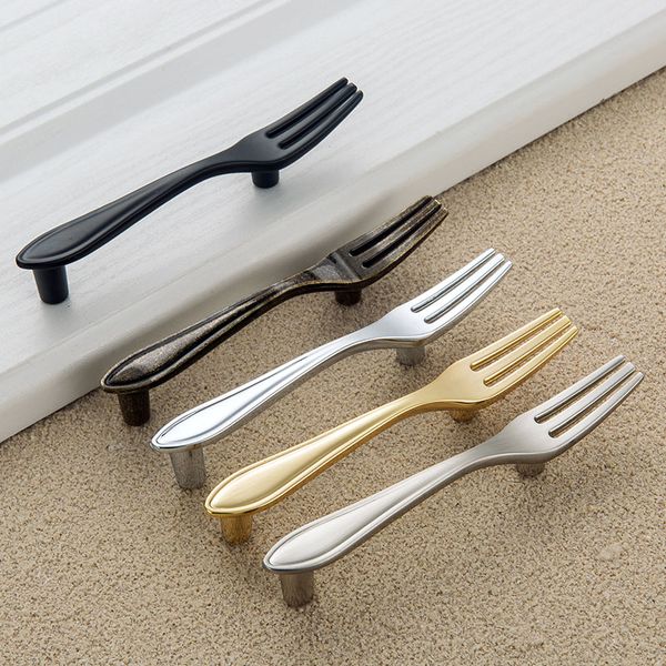 

76mm modern simple creative silver stain nickel knife fork spoon kitchen cabinet door handles 3" antique brass black drawer pulls knobs