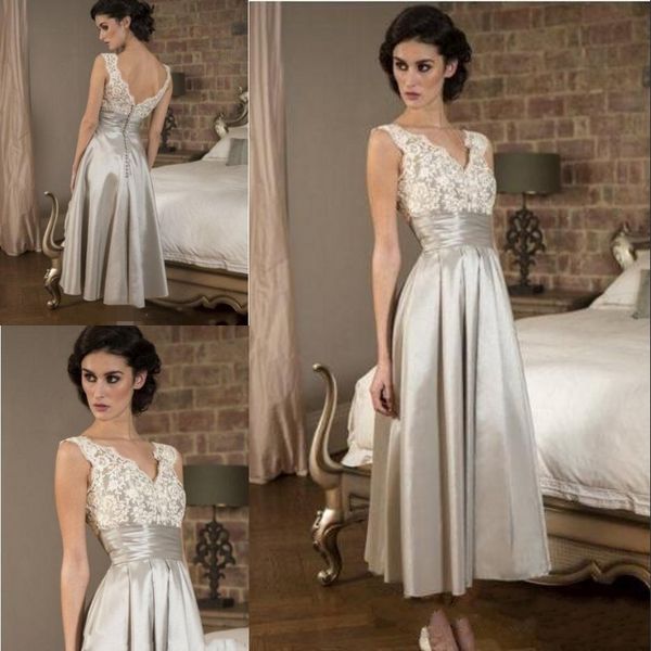 Kleider für die Brautmutter 2019 Wunderschönes ärmelloses Satin-Abendkleid mit Spitze und V-Ausschnitt in A-Linie, knielang, langes Abschlussball-Partykleid