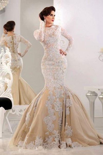 Abiti da sposa della sirena musulmana islamica a maniche lunghe con maniche lunghe con pizzo Champagne Vestidos de nolia Monede abiti da sposa formale Modest Formale2294621